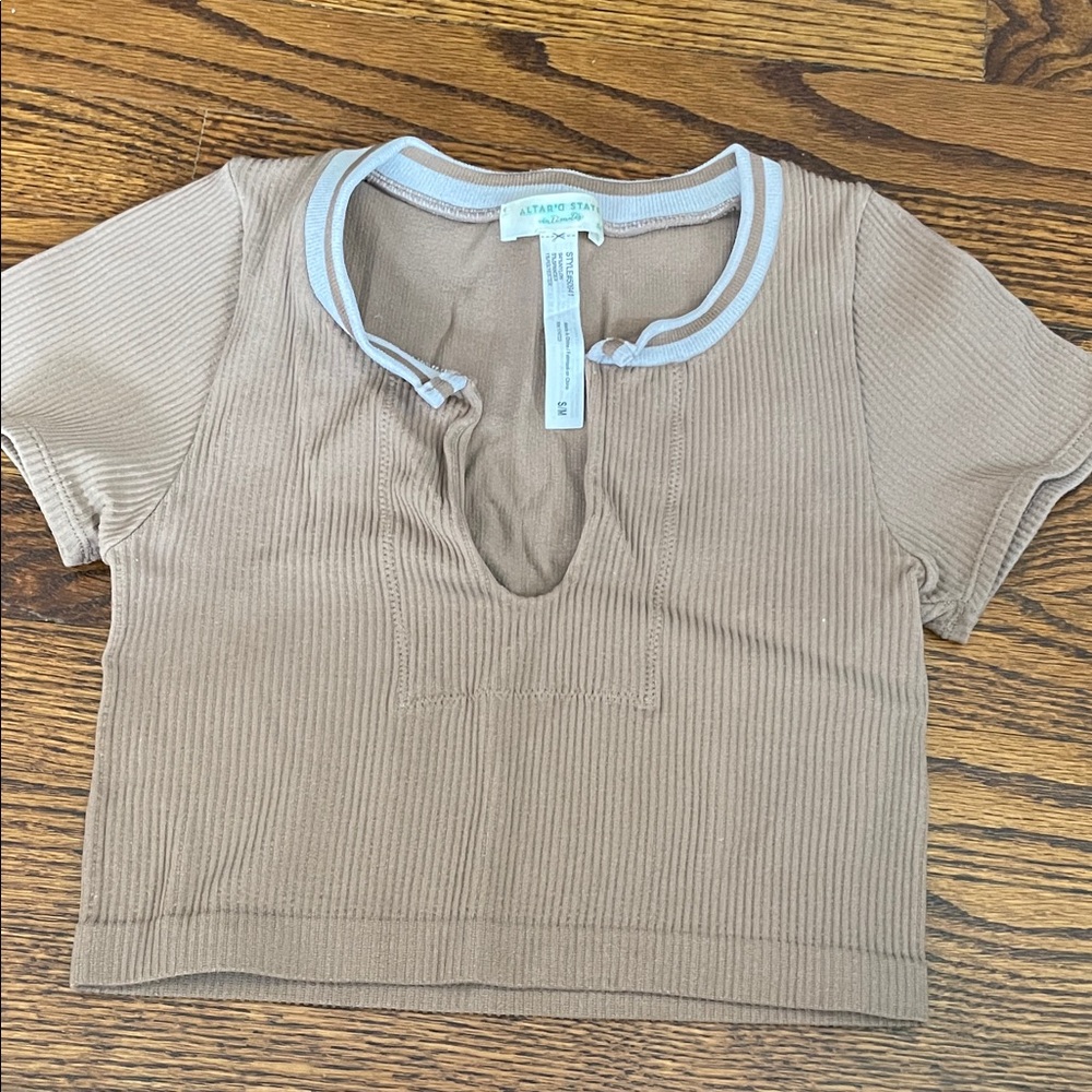 Altar'd State Tan Crop Top with Gray Trim